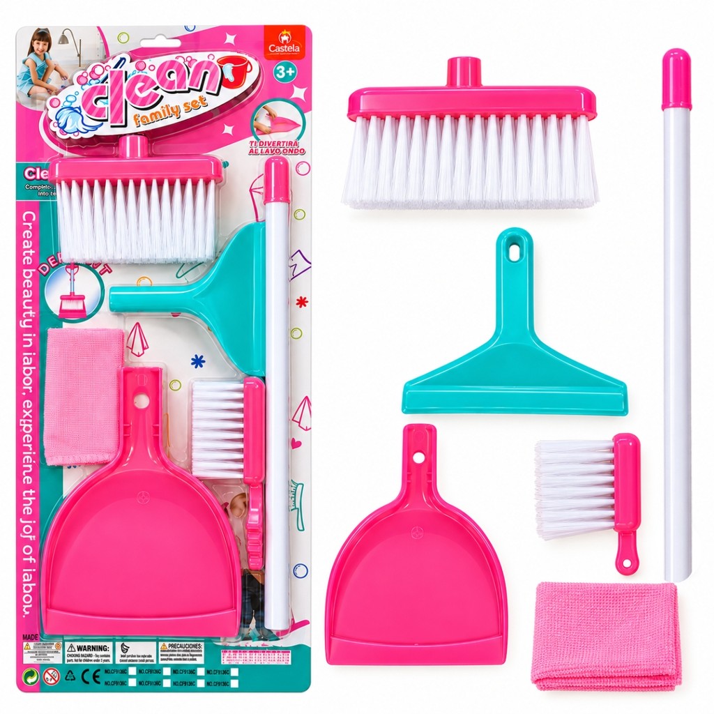 Kit De Limpeza Infantil cor Rosa com 6 Acessórios Brinquedo Faz de Conta Vassoura Rodo Pano Pá e Escova - Castela