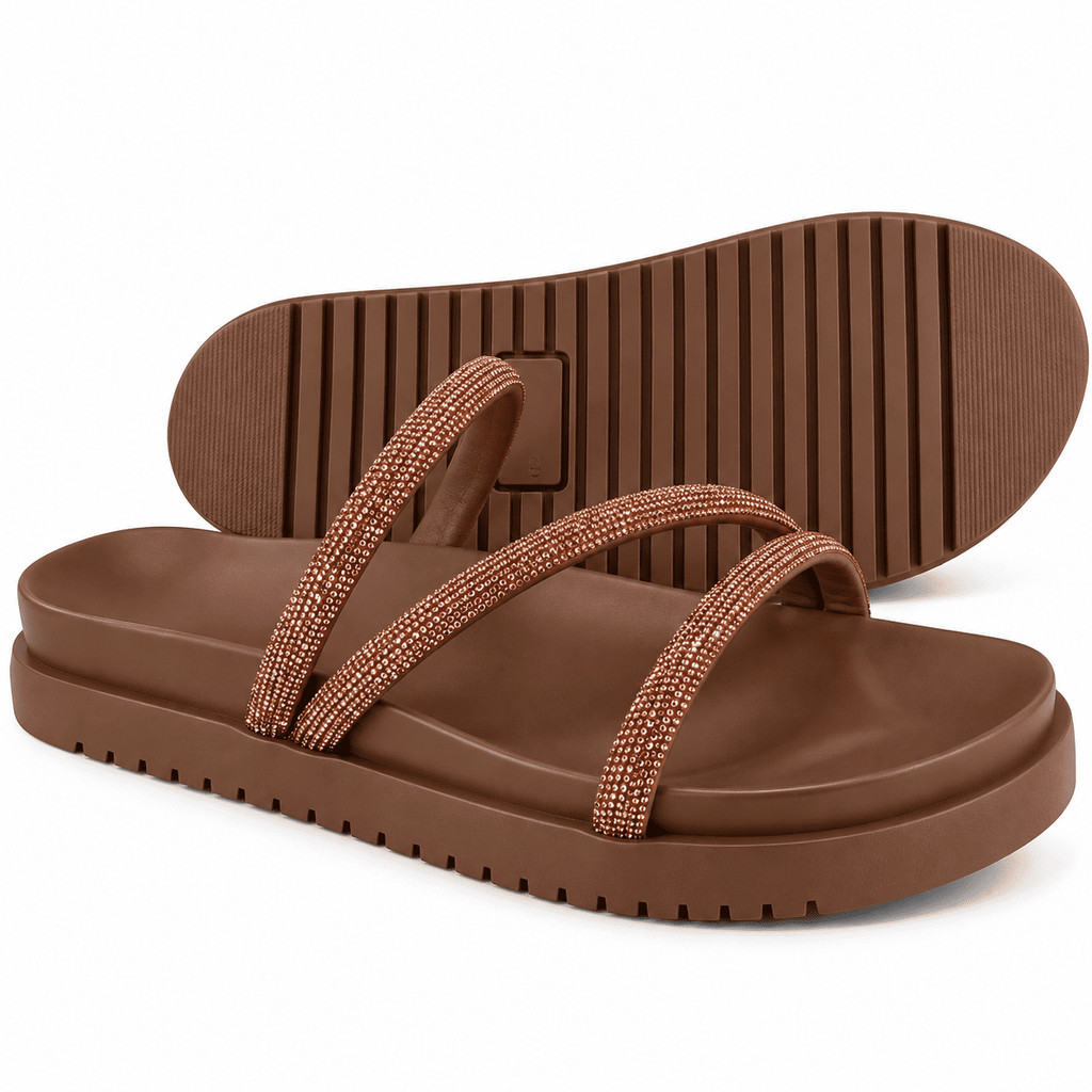 Sandália Feminina Papete Flatform Plataforma com Strass Brilho Tiras Finas Confortável Rasteira Casual Elegante