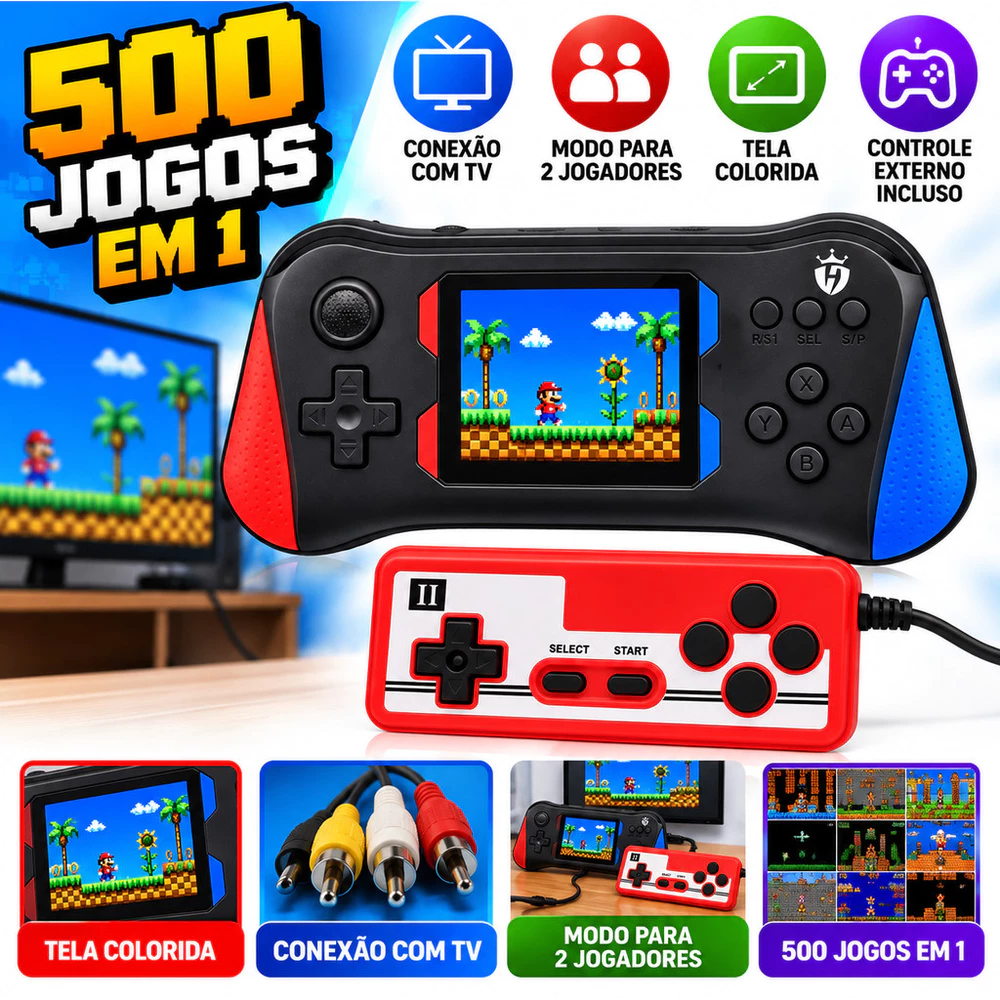 Vídeo Game Portátil Retrô 500 Jogos em 1 Tela Colorida com Controle Externo e Conexão para TV