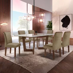 Conjunto Sala de Jantar Mesa 6 Cadeiras Vidro e MDF Nápoles Luísa Chocolate/Off White/Veludo Bege Escuro