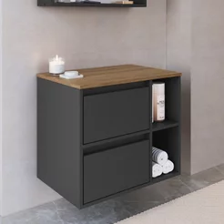 Gabinete de Banheiro Suspenso 60cm com 2 Nichos 1 Porta Basculante e 1 Gaveta sem Cuba Preto/Mel/Grafite Mel/Grafite
