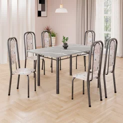 Conjunto de Mesa Retangular 140x75cm Tampo Granito Topázio 6 Cadeiras Lavínea Prata/Botanic Bege/Mart Botanic
