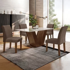 Conjunto Sala de Jantar Mesa 120x80cm Tampo MDF/Vidro com 4 Cadeiras Espanha Yescasa Chocolate/Marrom/Off White