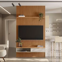 Painel Ripado para TV até 75 Polegadas MDF 140CMX250CM Modular 1 Nicho 1 Prateleira Linea Marrom Nature/Off White