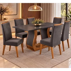 Mesa de Jantar Retangular Vitalic com 6 Cadeiras Madeira Maciça Vegas Yescasa Mel/Cinza Brilho/Graf Mel/Cinza