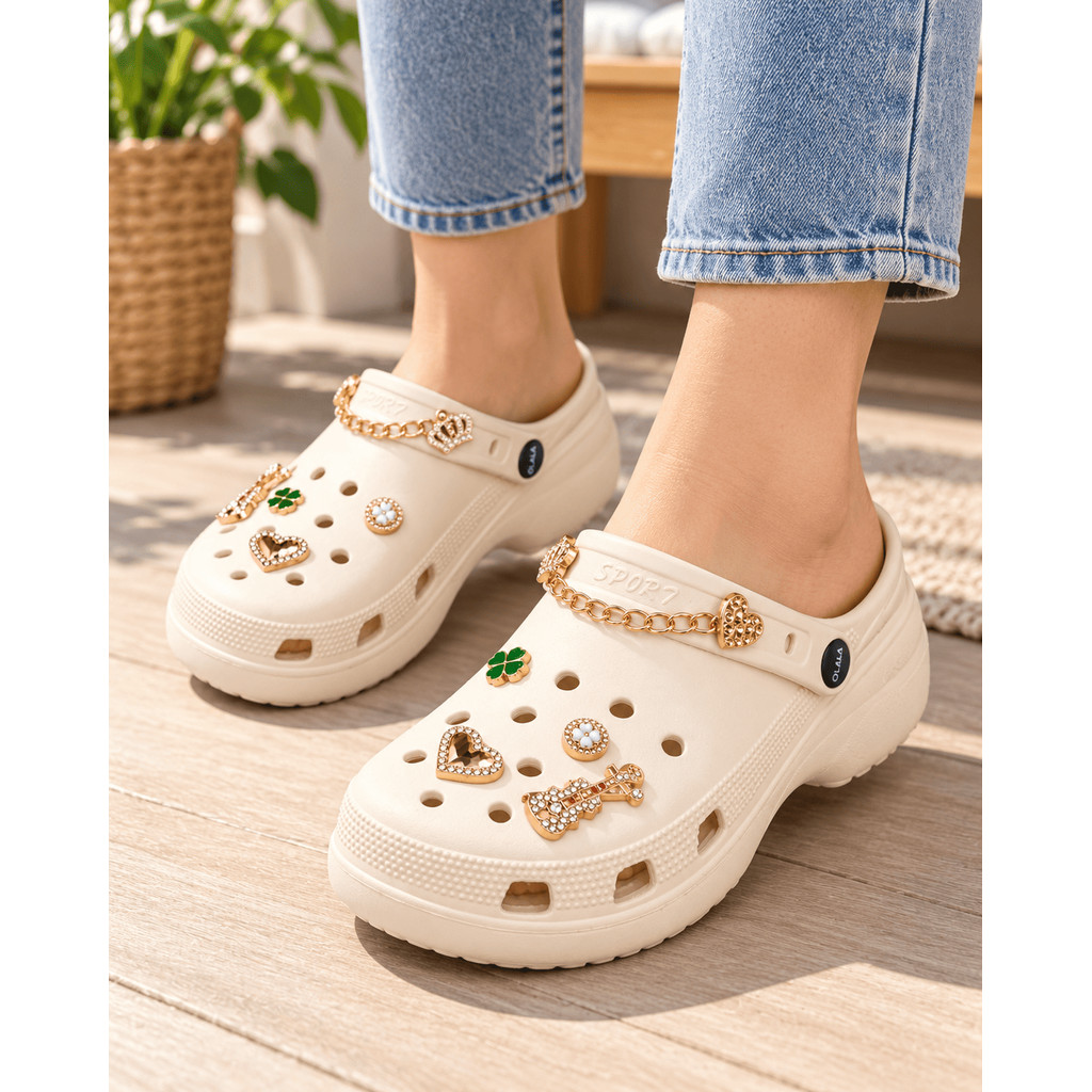Kit Sandália Feminina Babuche Plataforma Alta Clog EVA com acessórios decorados Leve Confortável 35/36 a 39/40