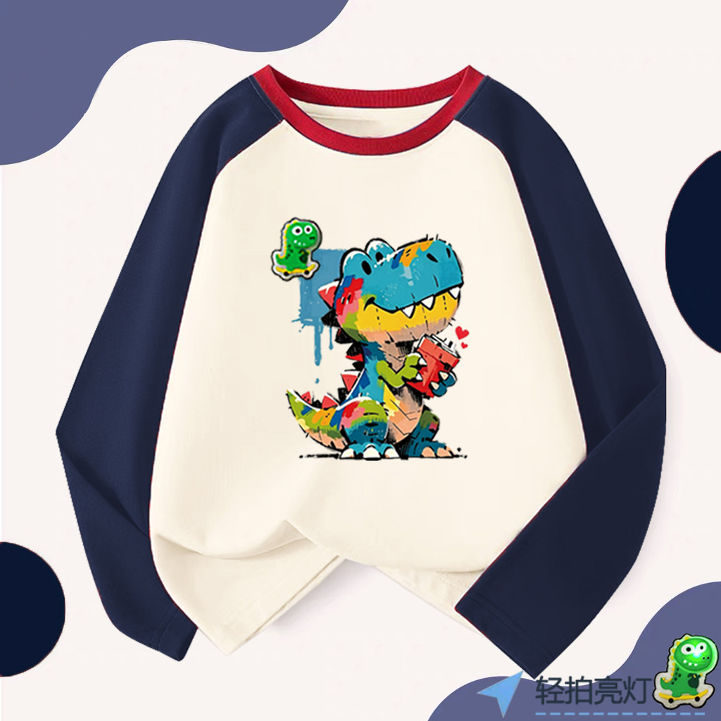 Dinossauro padrão meninos camiseta de manga comprida puro algodão crianças roupas de outono grande camisa de fundo das c