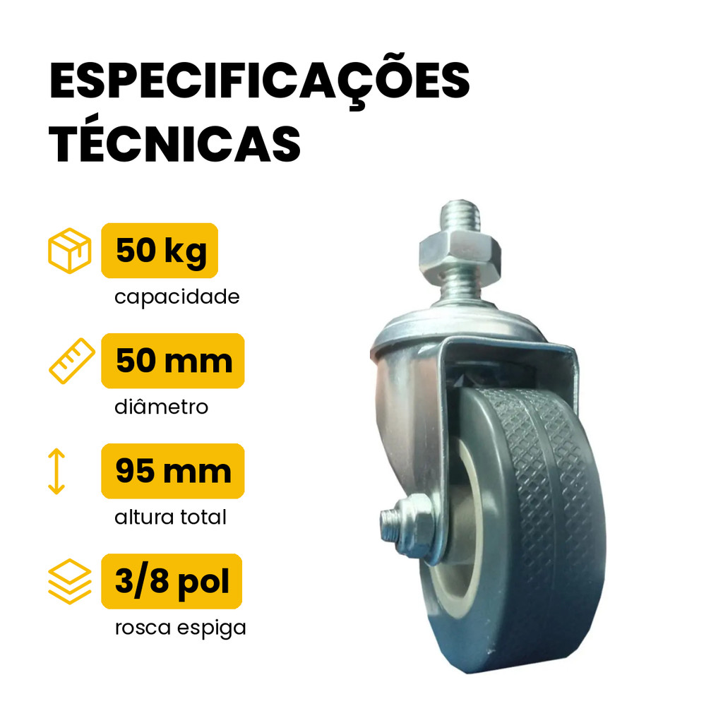 Rodízio Giratório com Rosca PVC 2 Pol 50mm 50kg JST Rodinha Móveis 3/8 · foto 2