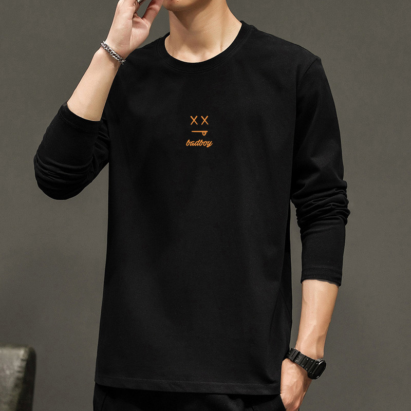 2025 masculino Wear carta larga impressa solta puro algodão masculino de manga comprida camiseta em torno do pescoço rou