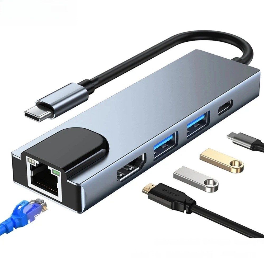 Hub Tipo C Para Porta USB Adaptador 6 Em 1 Com 4K HD Rede Ethernet Lan Carregador SD TF Para Macbook