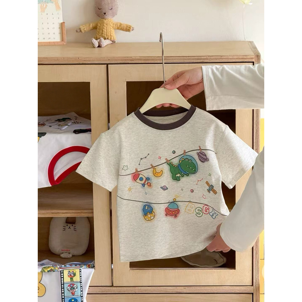 Crianças planeta dinossauro gelo algodão camiseta não-sensação impressão Digital dos desenhos animados cinza versão core
