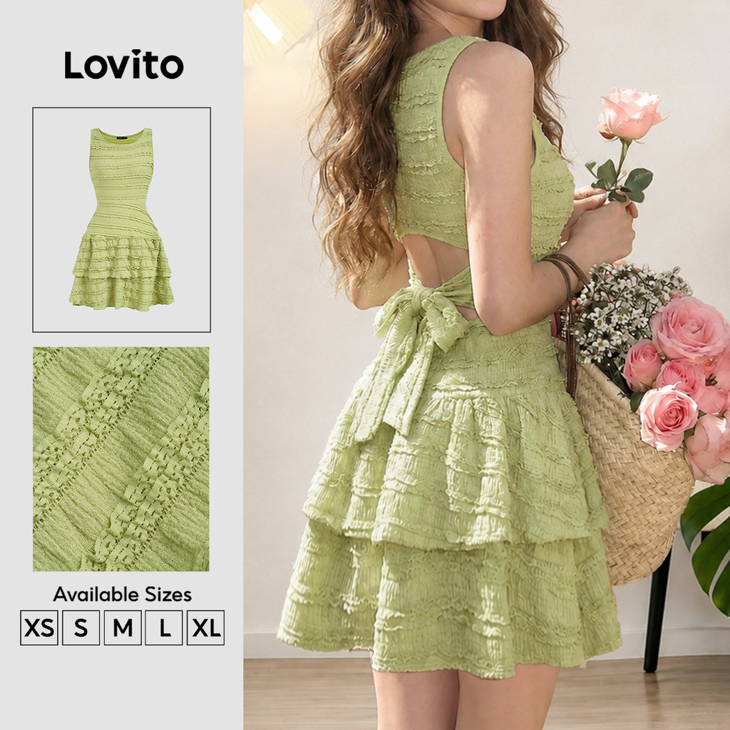Lovito Vestido Casual Jacquard Verdeclaro Para Mulher Frente Amarração Costas Nuas Curto Evasê Primavera/verão Fim De Semana DRB202P2D042