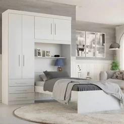 Guarda-Roupa Solteiro com Cama Solteiro 4 Portas 3 Gavetas Advantage Branco Branco