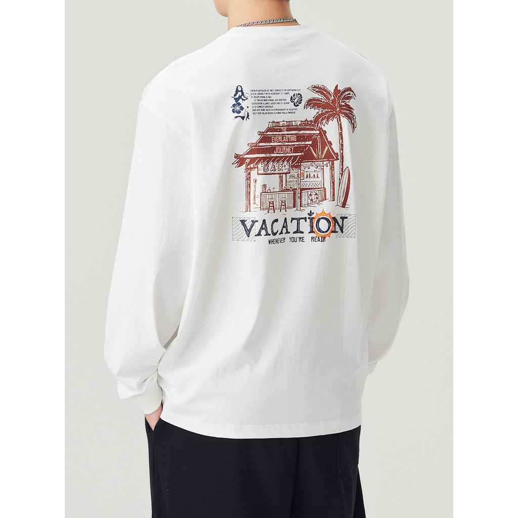Outono puro algodão de manga comprida camiseta masculina solta impressa em torno do pescoço camisa de fundo branco 2026 