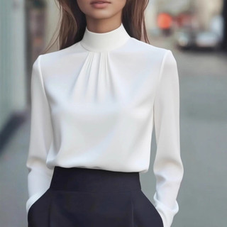 Blusa Elegante Feminina , Blusas E Camisas Brancas De Manga Comprida , Diária , Gola Alta , Tops Regulares , Roupas Femi