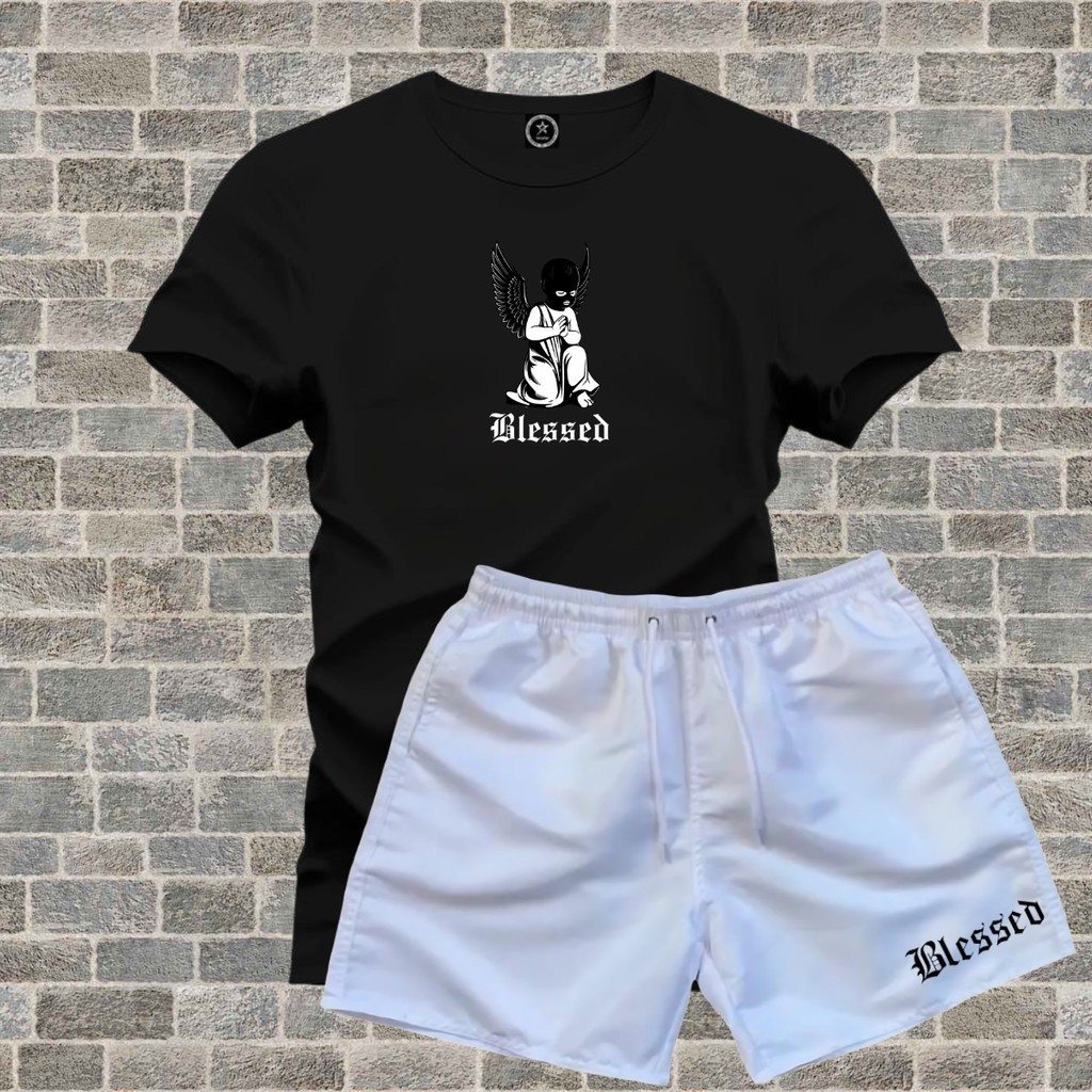Kit Conjunto Camiseta 100% Anjo Blessed + Short Moda Praia Tactel Branco em Oferta na Shopee