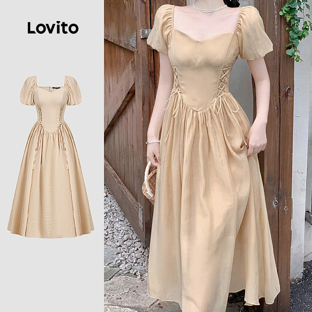 (NEW) Lovito Vestido Casual com Zíper para Primavera/verão Casual para Mulheres em cáqui L154LD088