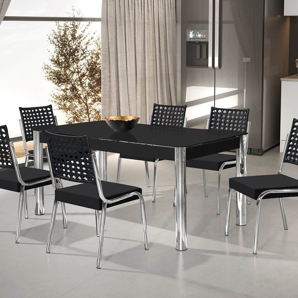 Conjunto Sala de Jantar Mesa Retangular com 6 Cadeiras Natani Cromado/Preto em Oferta na Shopee
