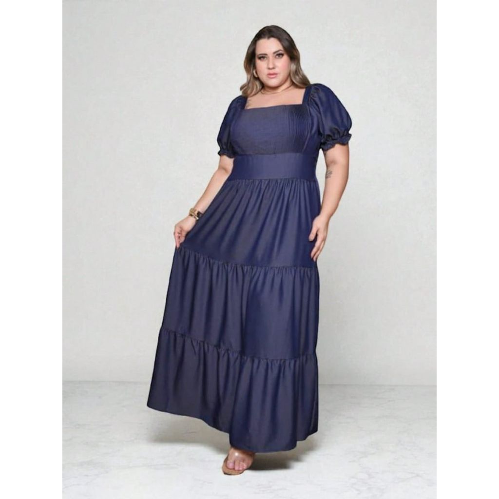 vestido longo luxo chambray imitação jeans manga curto