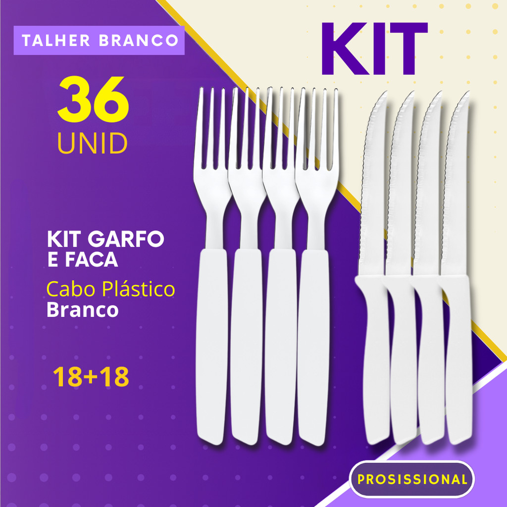 Talher Kit 36, 16 ou 12 Garfos Facas Cabo Plastico Branco Jantar Almoço Buffet Bares e Restaurante em Oferta na Shopee