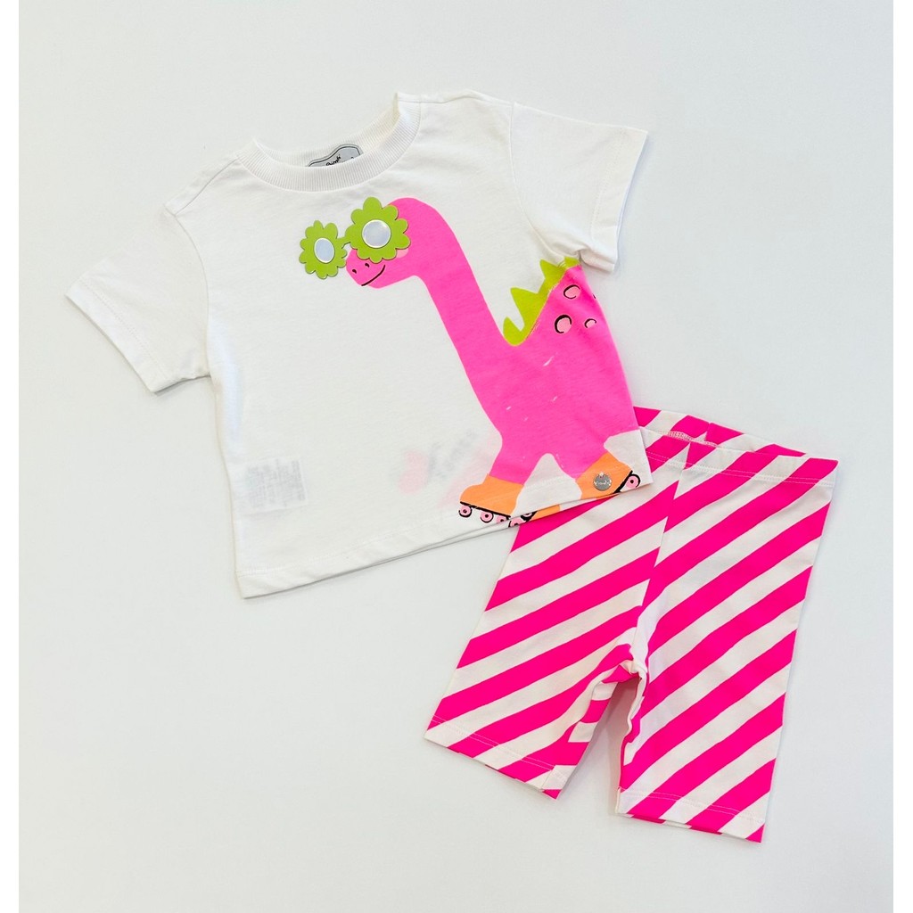 Conjunto Infantil Menina Bimbi Blusa Branca Estampada Dinossauro E Shorts Ciclista Pink Listrado