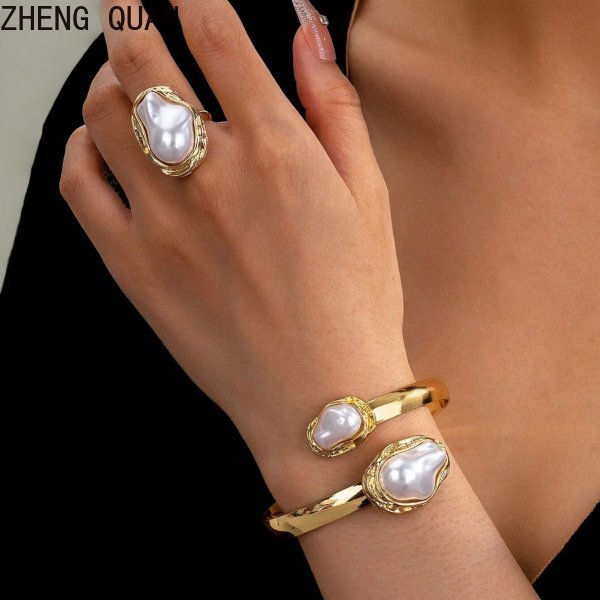 ​ Conjunto De Pulseira De Anel Enrugado Minimalista Com Detalhes De Pérola Joias Abertas Presente Empilhável Moderno Par