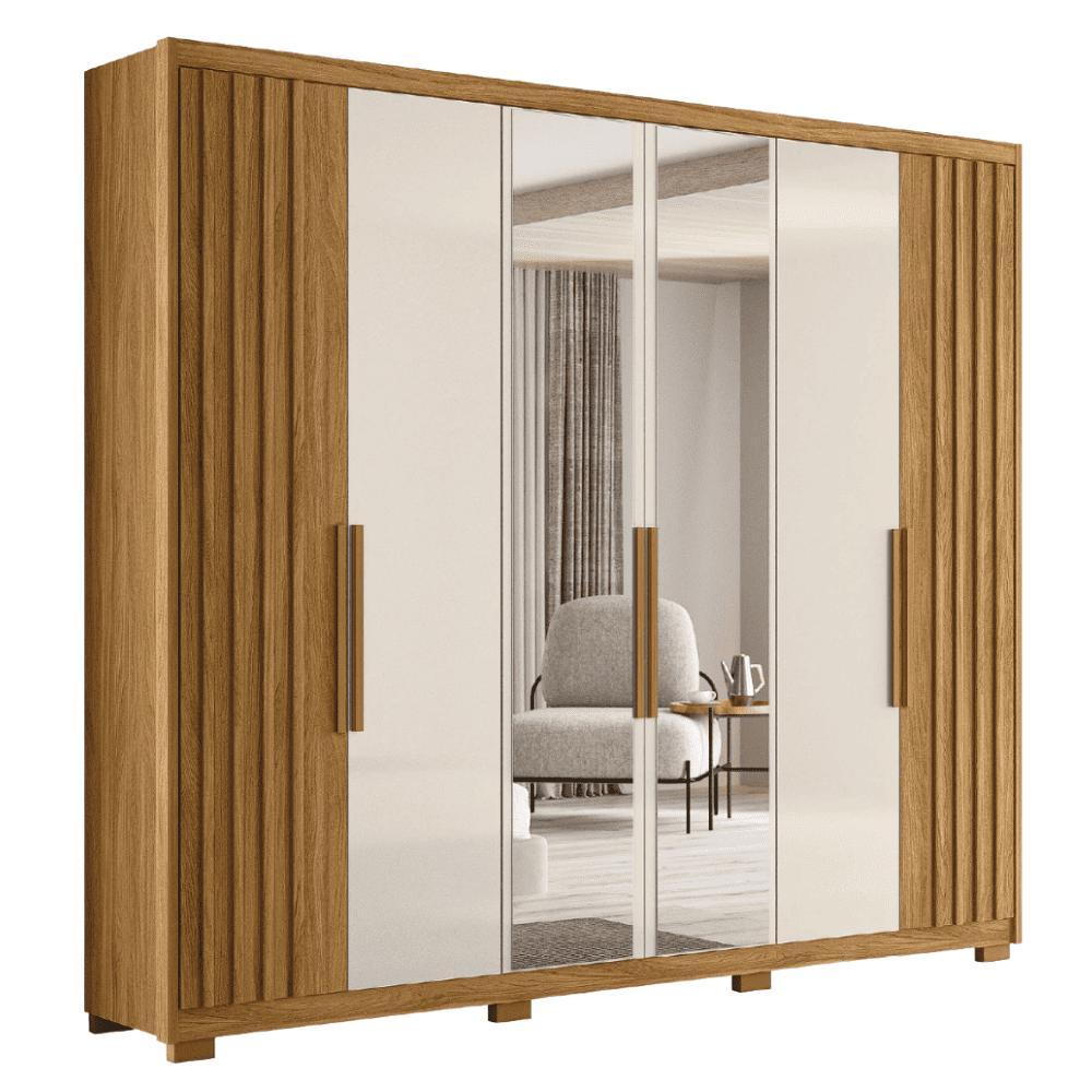 Guarda Roupas Casal Ripado com Espelho 6 Portas 4 Gavetas 2,60m Araguaia Freijó / Off White Moval em Oferta na Shopee