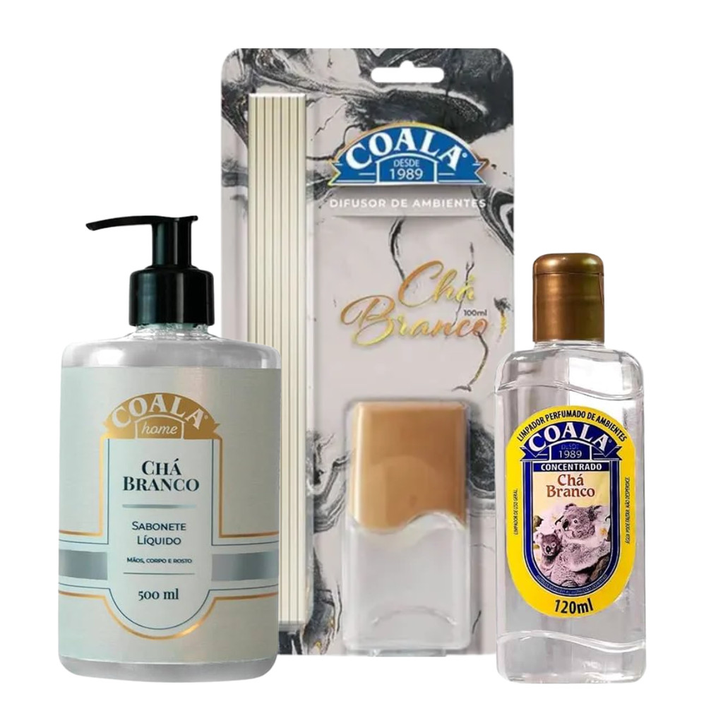 KIT COALA CHÁ BRANCO LIMPADOR 120ML + DIFUSOR DE AROMAS 100ML + SABONETE LÍQUIDO 500ML em Oferta na Shopee