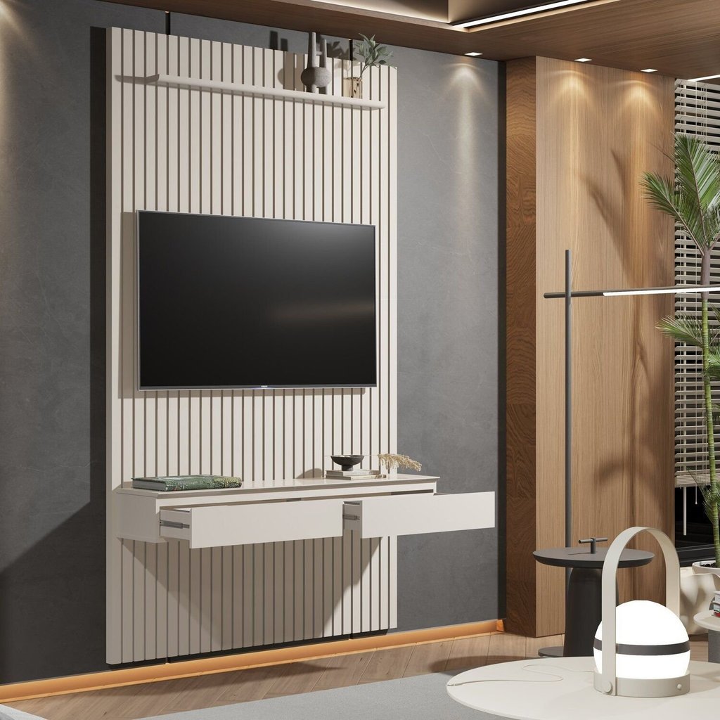 Painel 100% MDF para TV 55 Polegadas Ripado com Rack Suspenso 2 Gavetas Arbo Off White em Oferta na Shopee