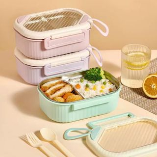 Marmita Lancheira térmica Aço Inoxidável 304 2 Divisórias Conjunto De Garfo Colher 1000ML Cores de Macaron em Oferta na Shopee