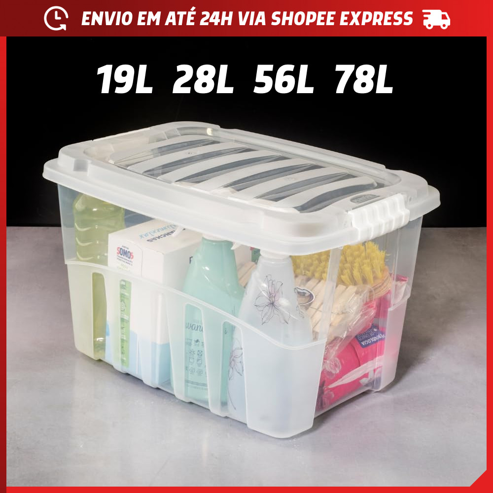 Caixa Organizadora com Tampa Grande Transparente Gran Box 19L 28L 56L 78 Litros Plasútil BPA FREE