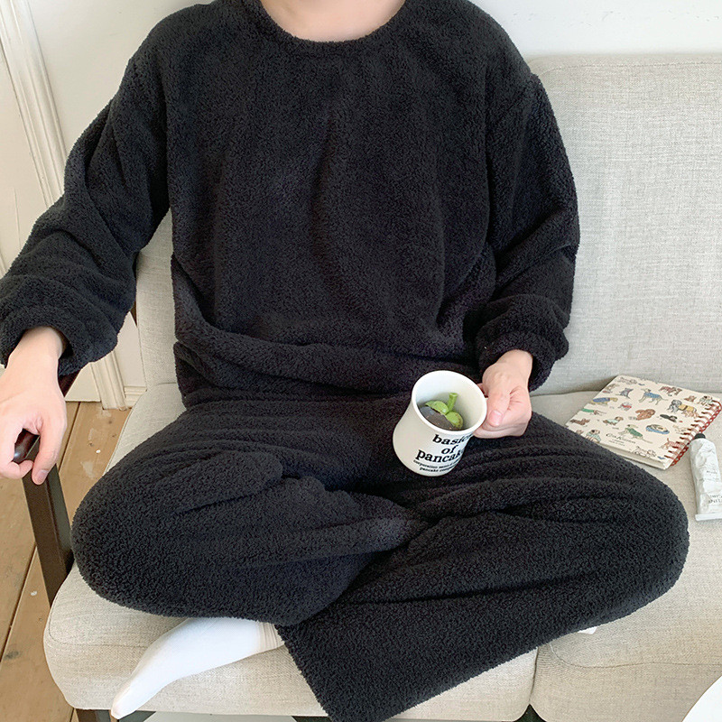 Imagem 2024 inverno novo estilo pijamas de cor sólida masculino meio lado velo em torno do pescoço Loungewear confortável engro