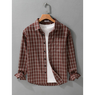 Americano Retro de alta fixação camisa xadrez vermelha masculina de manga comprida primavera outono Commuter simples cam