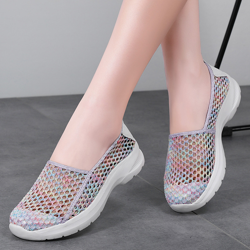 Sapatos de malha única feminino malha oca sapatos femininos de verão tênis feminino malha respirável leve deslizamento e