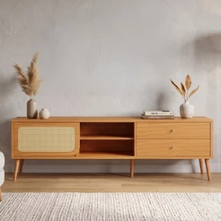 Rack para TV 220cm Até 60 Polegadas 2 Gavetas 1 Porta Curve Carvalho Rosé com Palha - Dalla Costa