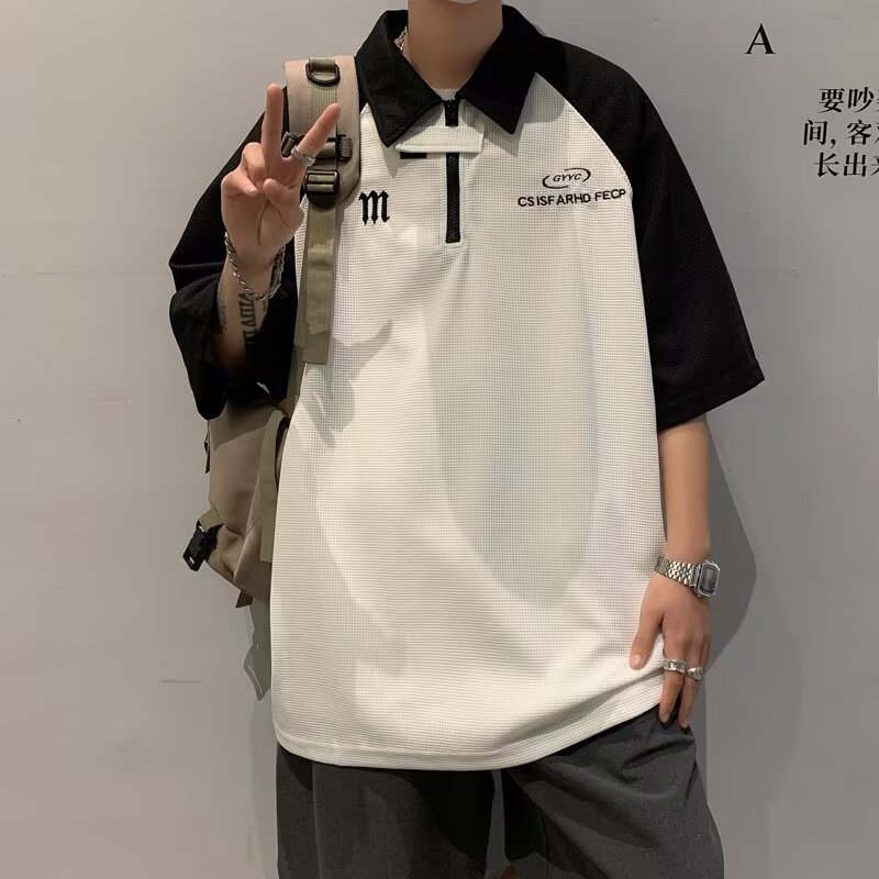 Verão novo estilo estilo japonês contraste cor de manga curta camiseta masculina ins street Wear High street solto manga