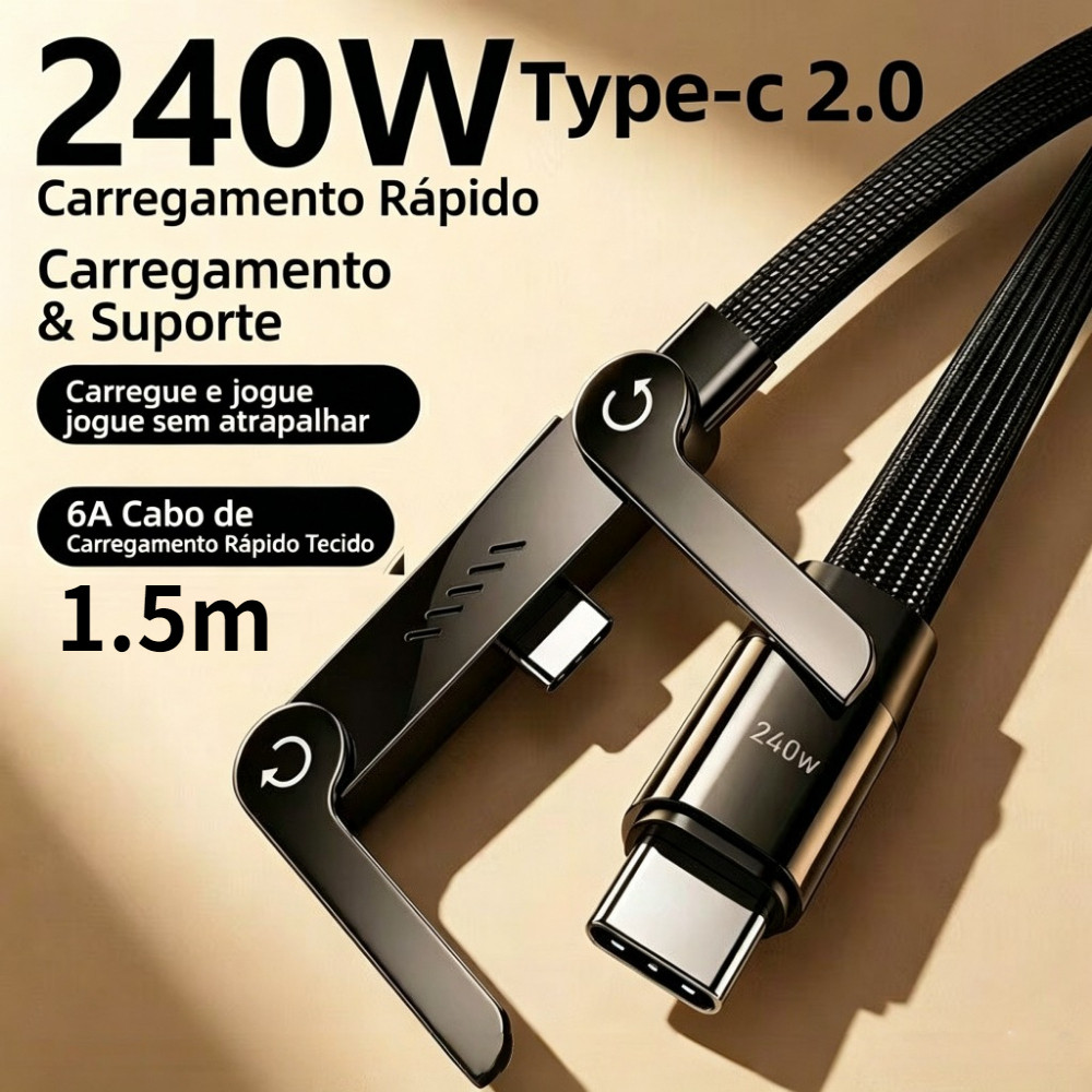 1.5m Cabo Duplo Tipo-C 240W Para Suporte Angular De Dados Cabo Jogos Cotovelo Telefone Dobrável Carregamento Rápido