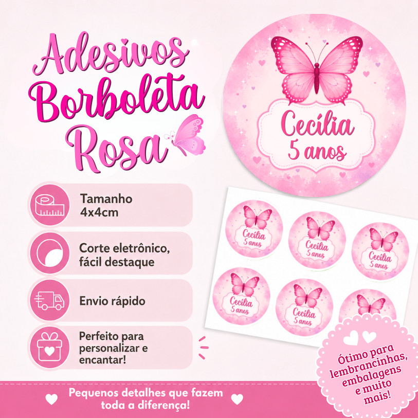 Adesivo Personalizado Borboleta Rosa 4cm | Lembrancinha | Festa Infantil | Aniversário