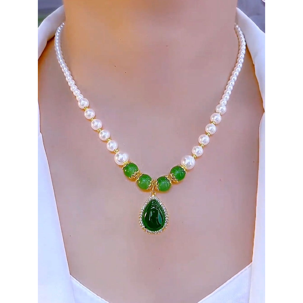 colar femenino colar aço inoxidável Esmeralda gota de água zircão pérola colar Super deusa fã elegante colar de luxo P