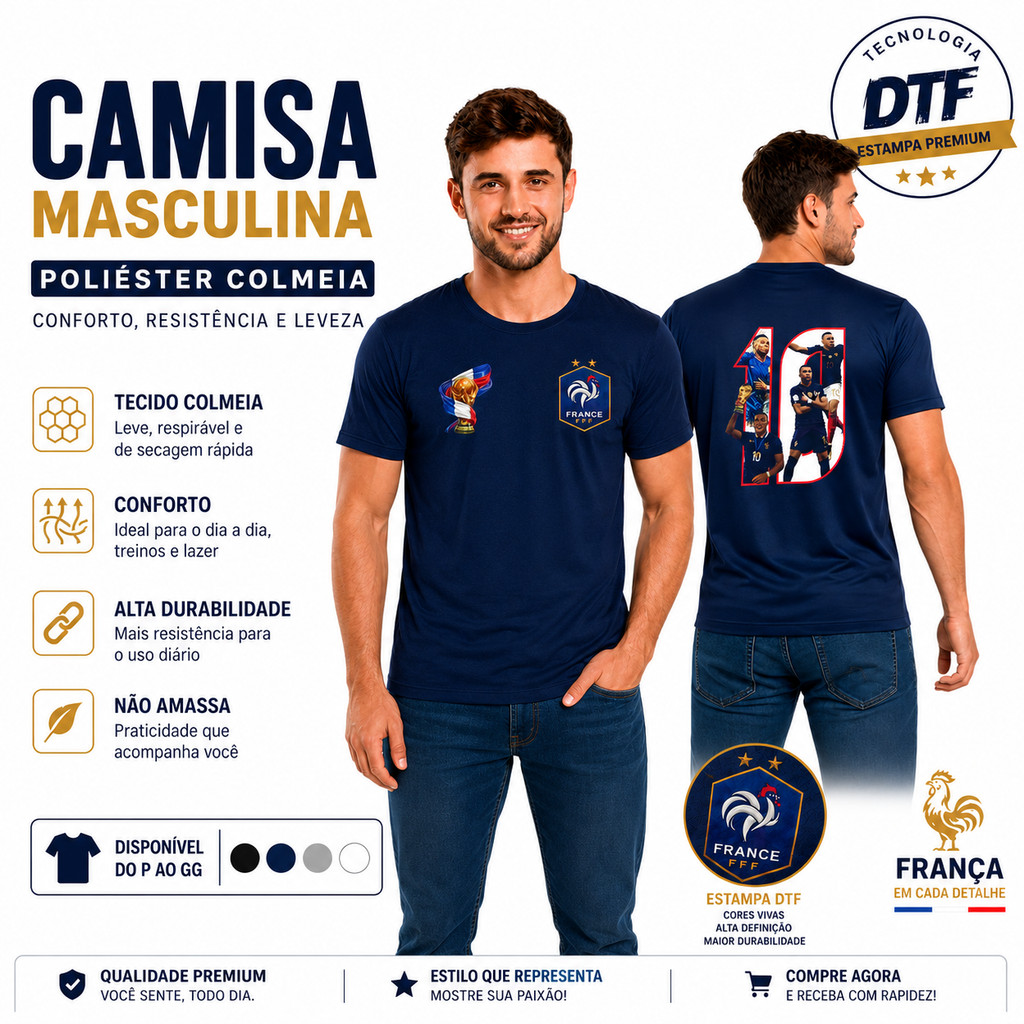 Camiseta França 10 Masculina Azul Marinho Torcedor Alta Definição Estampa DTF Poliester