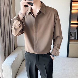 Camisa de botão escuro masculina versão coreana na moda de manga comprida High-End estilo fino não-ferro camisa solta ve