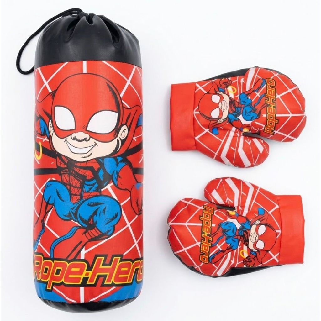 Kit Boxe Infantil Saco de Pancadas com Par de Luvas Super Herói Brinquedo Treino Crianças