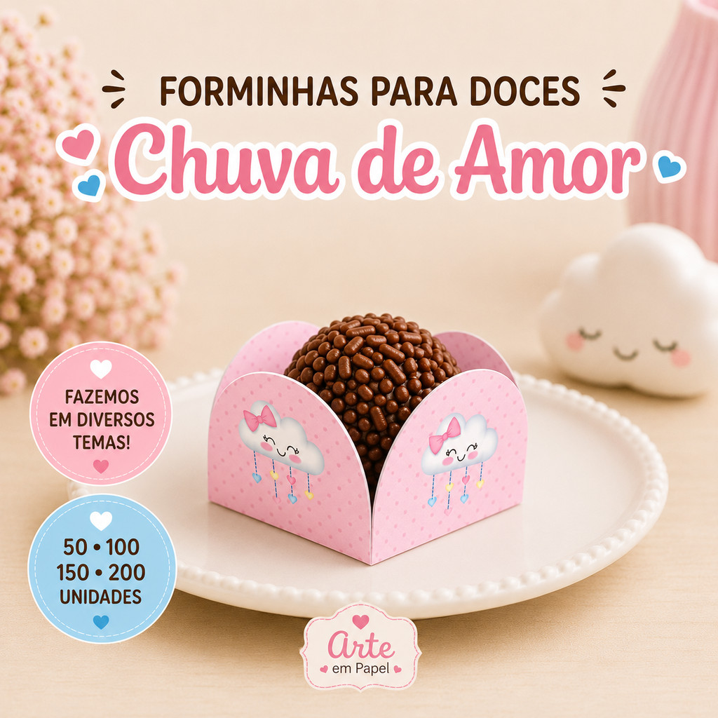 Forminhas Para Doces Personalizadas 4 Pétalas CHUVA DE AMOR ROSA Envio 24H Festa Aniversário Brigadeiro