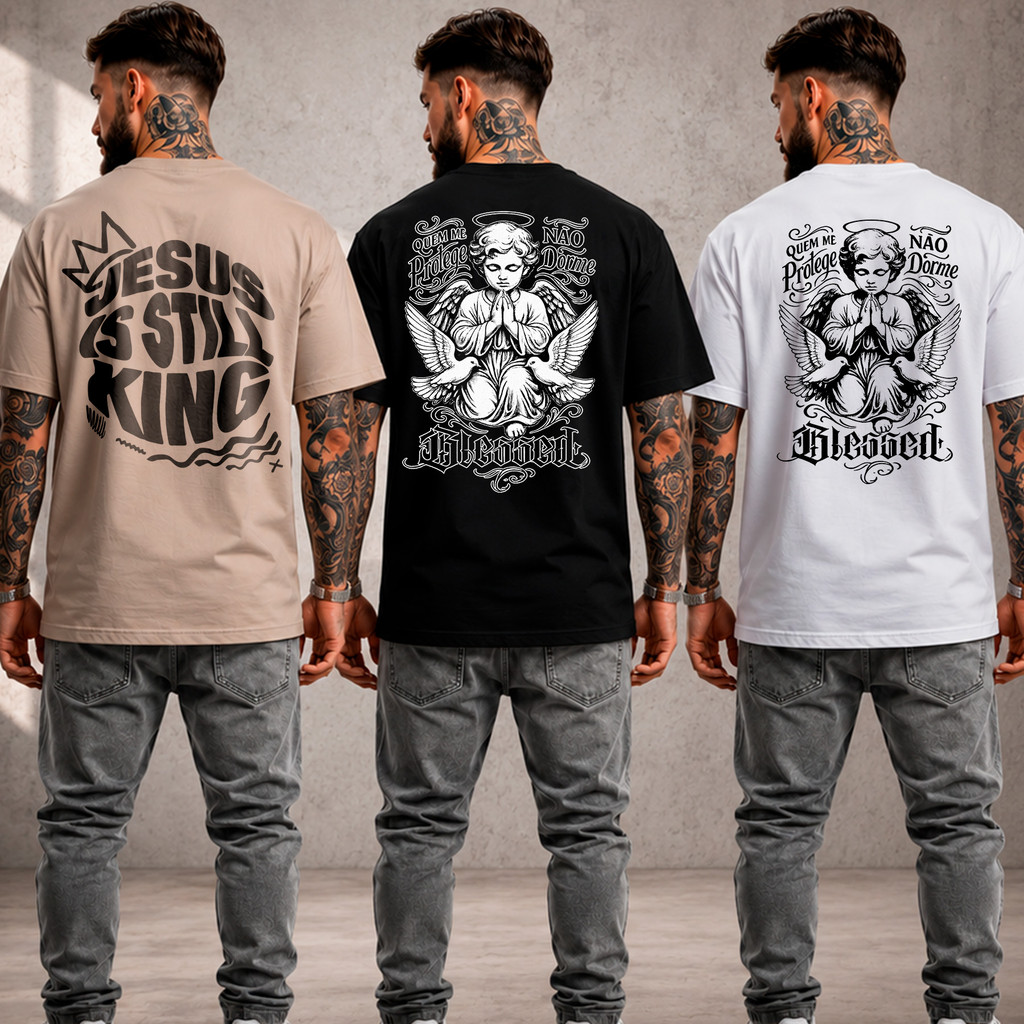 Kit 3 camiseta algodão estampada masculina streetwear anjo tecido premium 30.1 penteado