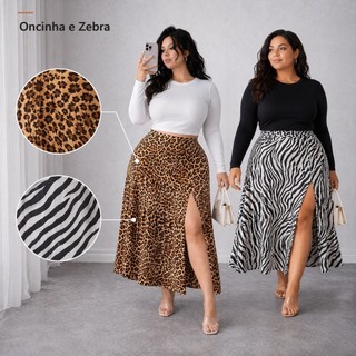 Saia Longa Plus Size Viscose Animal Print Cintura Alta  GG ao G3 Oncinha Zebra