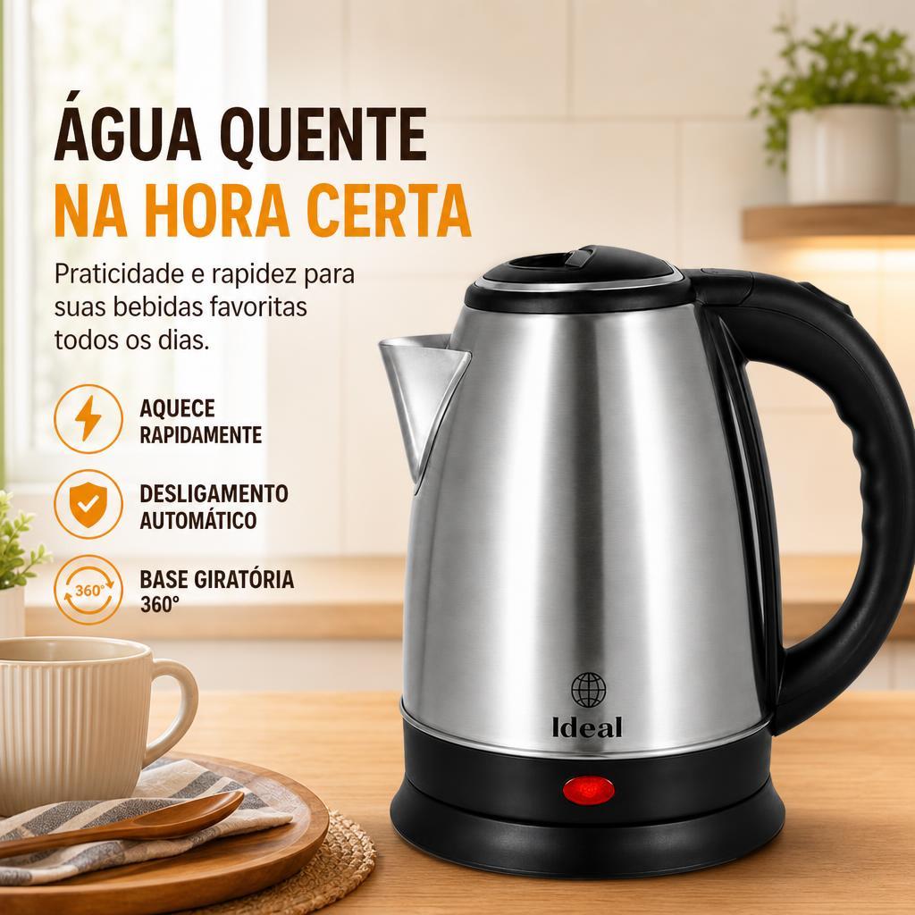 Chaleira Elétrica Inox 1,8L 1000W com Base Giratória 360° e Desligamento Automático - jarra café chá
