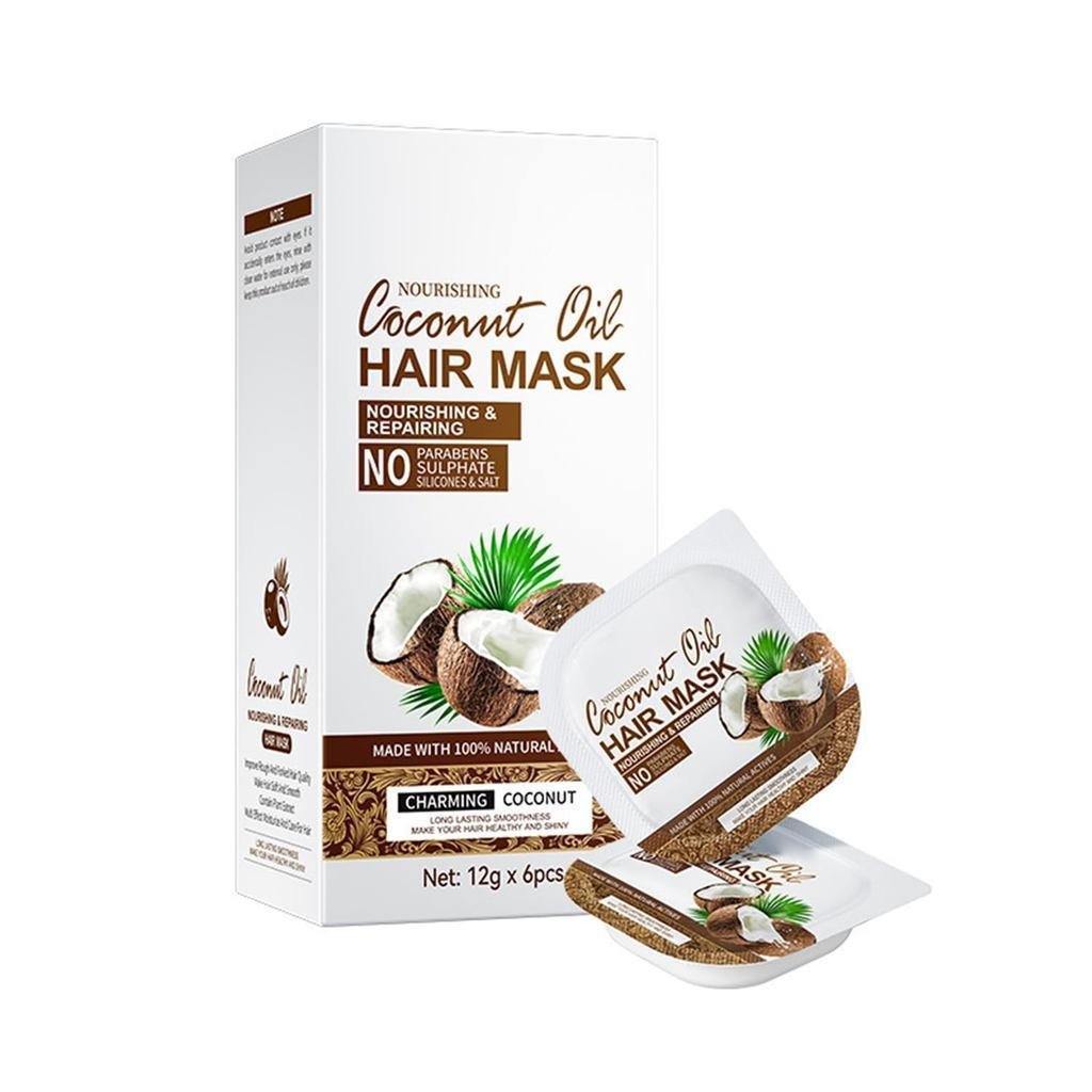 CoconutoothingHairMask-6Pack(0.42ozEach),ปรับสภาพล้ําลึกTreatmentforDry&ผมเสีย,NourishingHairMaskPacketsforHydration&Rep