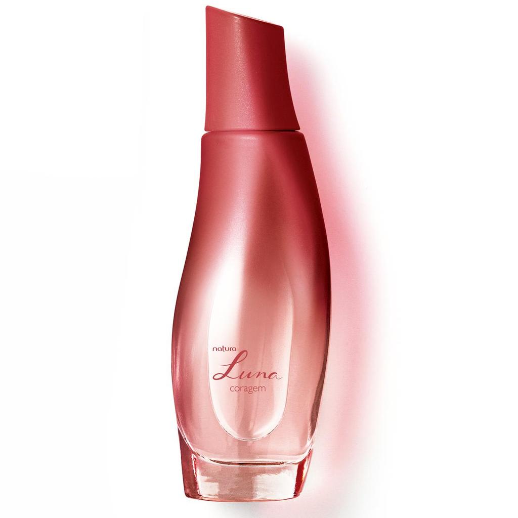 Frasco de vidro do perfume Natura Luna Coragem de 75ml com tampa e líquido em tons de vermelho degradê