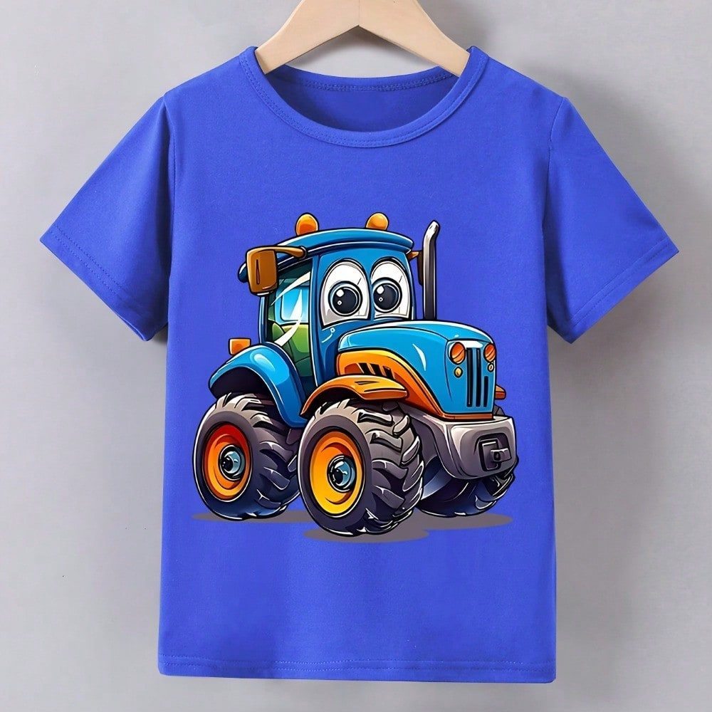 Camiseta Infantil 100% Algodão de Manga Curta para Meninos Cartoon Trator Camiseta Para Menino Infantil 1 a 16
