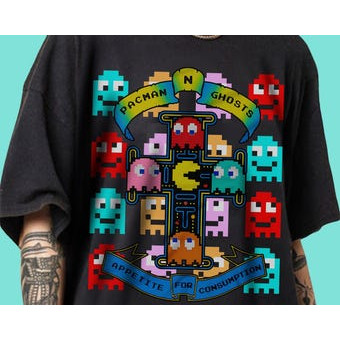 Camiseta Feminina Estampa Videogame Clássico Pac Man Colorido Confortável Fofa Estilosa Moda Feminina Retrô